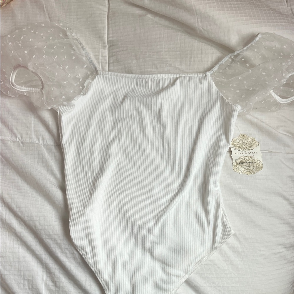 Altar'd State Ivory Bodysuit with Delicate Sheer Sleeves